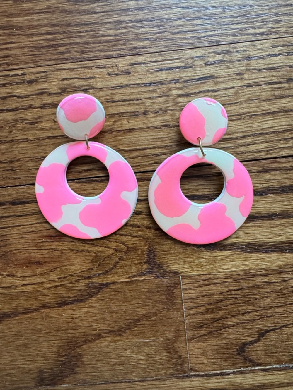 Blush Daisy pink cow print round mod hoop earrings